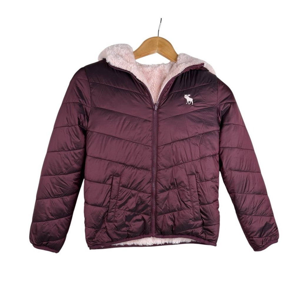 Abercrombie Kids Girls Reversible Hooded Puffer Full Zip Jacket size Medium Red
